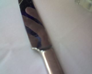 Reflection of fingers and a blue water glass in butter knife