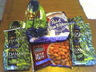 Pabst Blue Ribbon, Edamame Soy Beans, Tater Tots, Organic Bananas